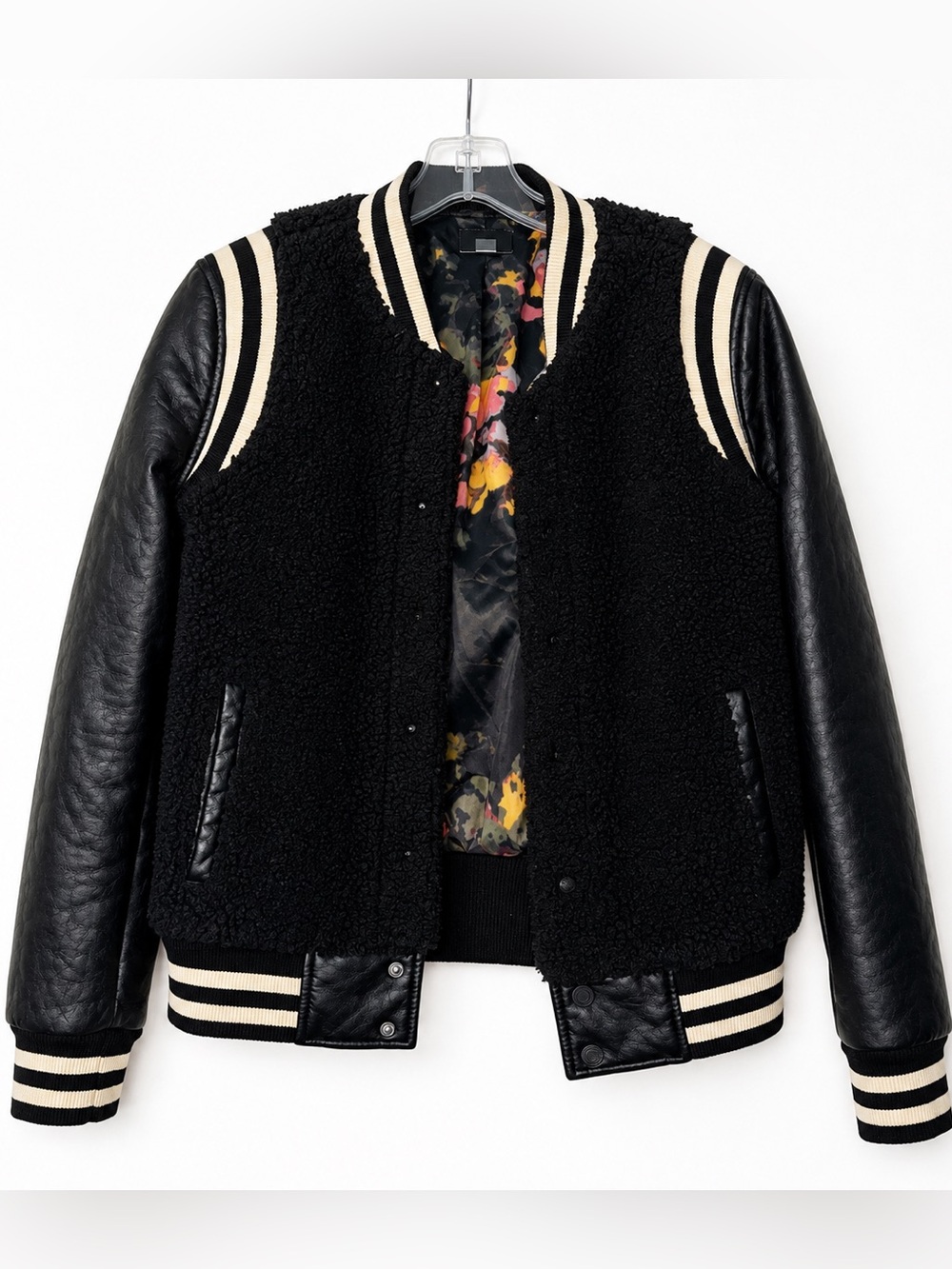 MOTHER Black Sherpa and Leather Varsity Jacket with Cream Stripes